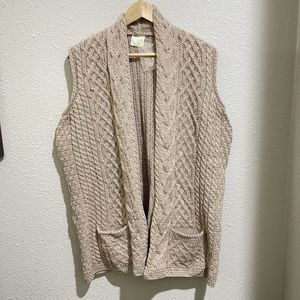 Kilronan Knitwear Ireland XL Open Cardigan Vest Wool Cable Knit Fisherman Ivory
